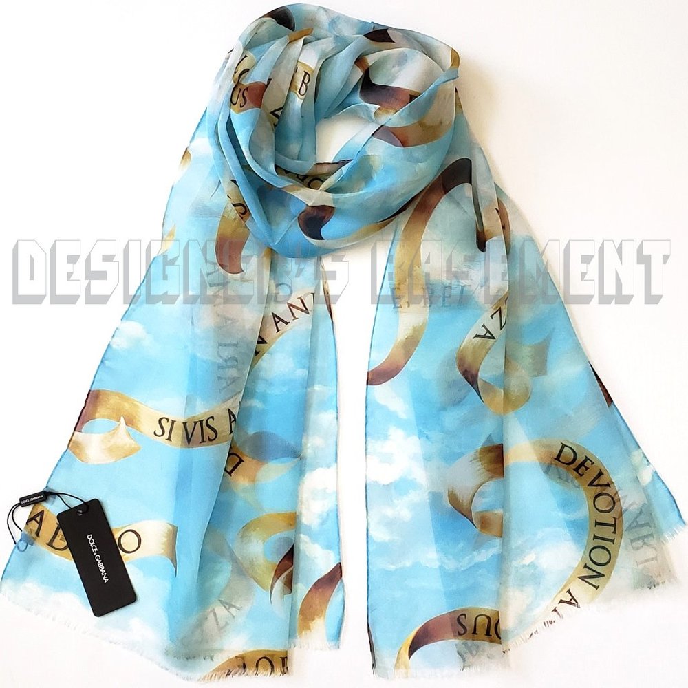 DOLCE & GABBANA sky blue clouds DG QUEEN BELLEZZA ribbons 24" x 80" Shawl scarf